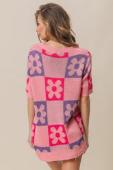 BiBi Flower Checker Pattern Short Sleeve Sweater OutfitFlow